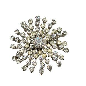 Vintage Clear Rhinestones Pin Brooch Silver Tone Spray of Crystals Layered Pin